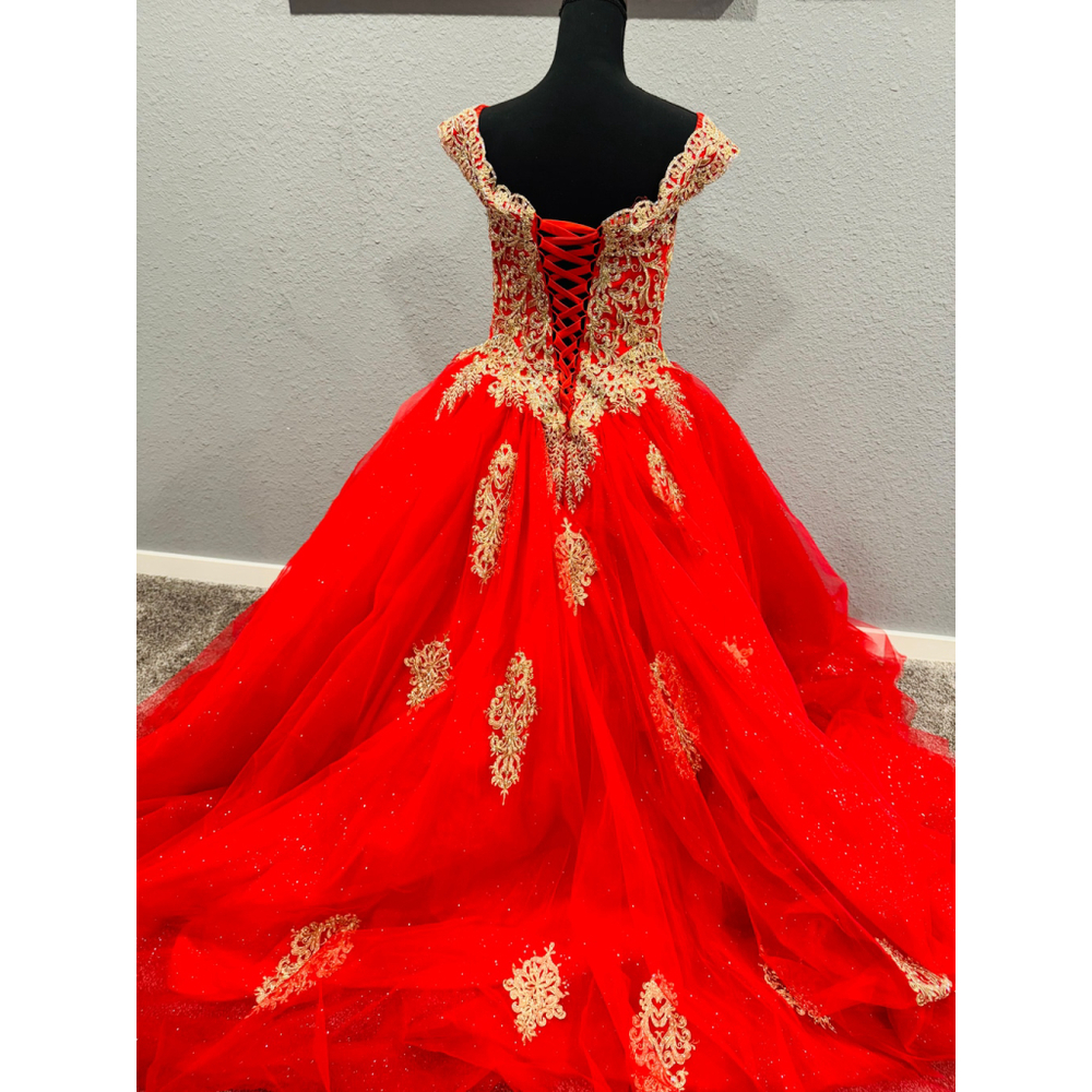 Chicas Red & Gold Ball Gown Dress | Size Large | Off-Shoulder Glitter Tulle - Picture 2 of 16